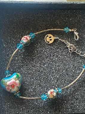 Handcrafted Artisan Blue and Pink Floral Cloisonné Heart Bracelet